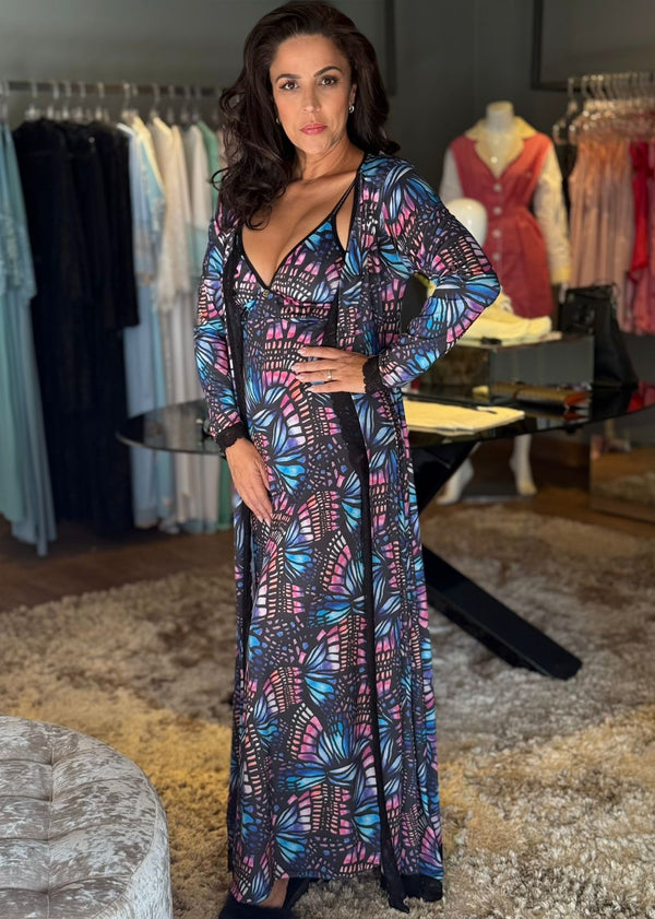 Conjunto Longo Camisola Alça e Robe Estampado Transformação
