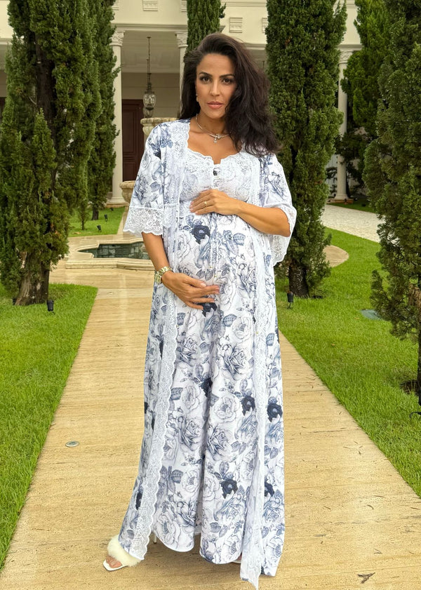 Conjunto Longo com Camisola de Amamentação e Robe Estampado Azul