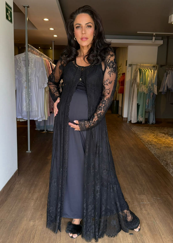 Conjunto Longo com Camisola BM de Amamentação e Robe Renda