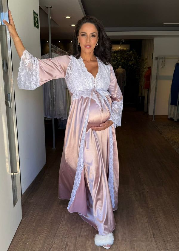 Conjunto Gestante Longo em Cetim Gloss Rosa com Renda Branca