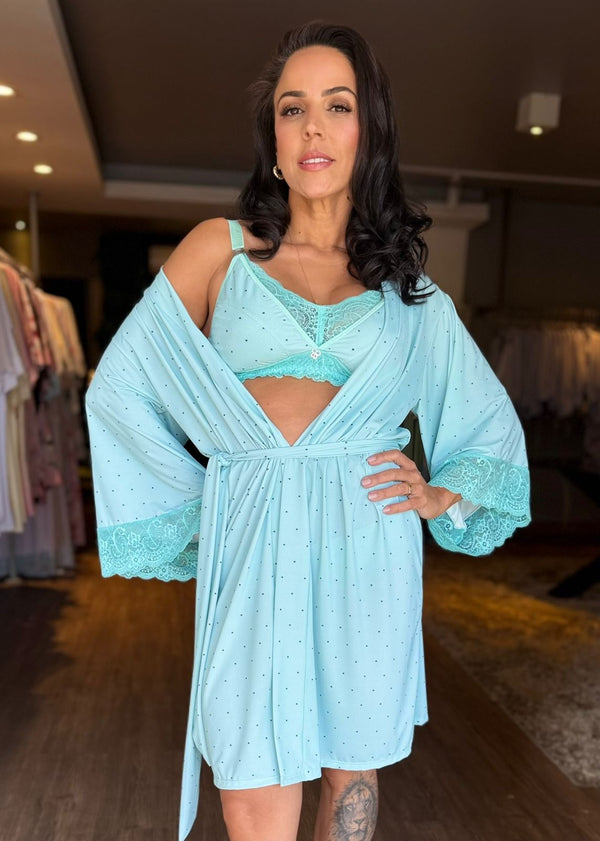 Conjunto Amamentação Sutiã, Calcinha e Robe Verde com Poázinho Preto
