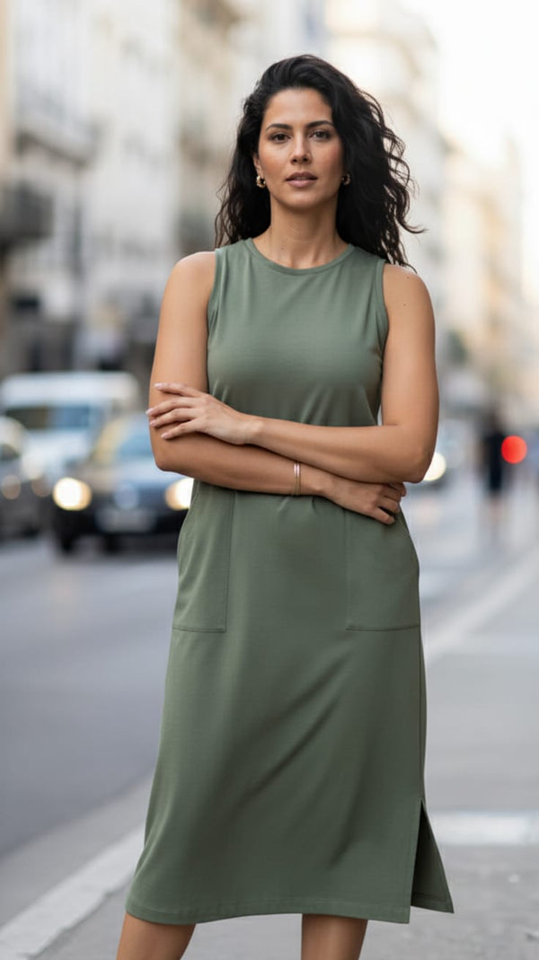 Vestido Midi sem Mangas Verde