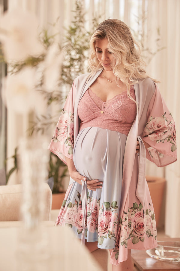 Conjunto Gestante Curto Camisola Azul e Robe Rosa Degradê