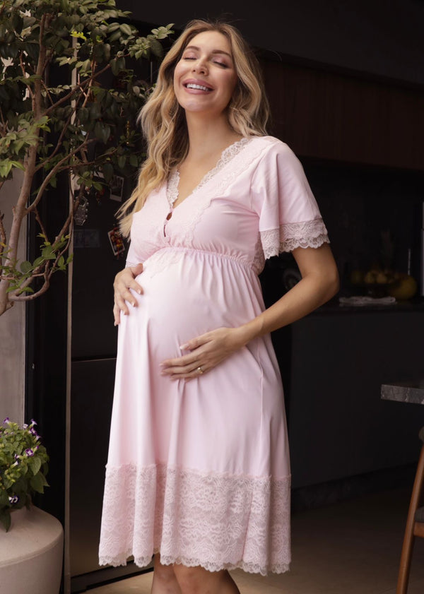 Camisola de Amamentação Curta Botões Algodão Doce Rosa