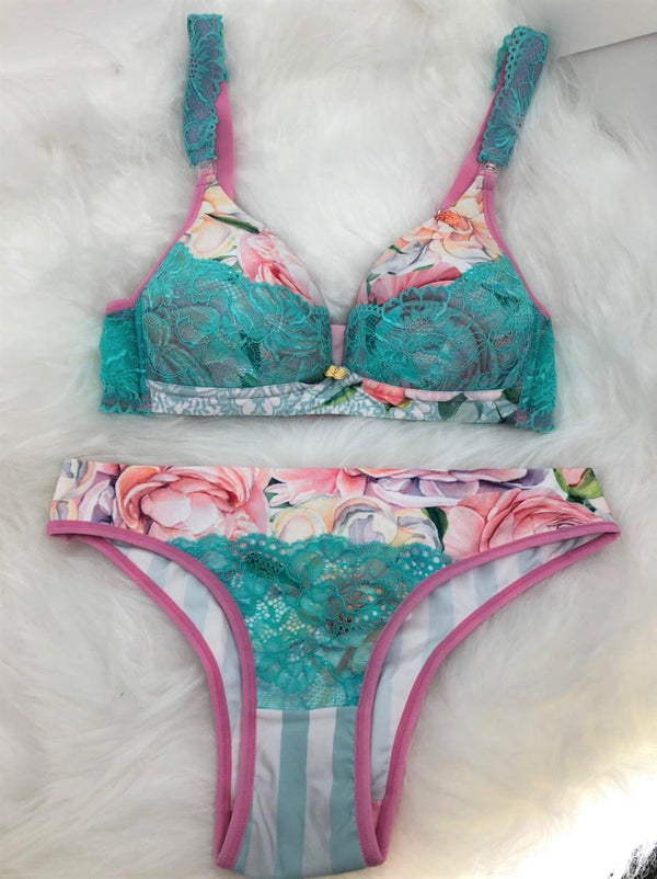 Conjunto Gestante Calcinha e Sutiã com Bojo Thiffany Estampado Verde