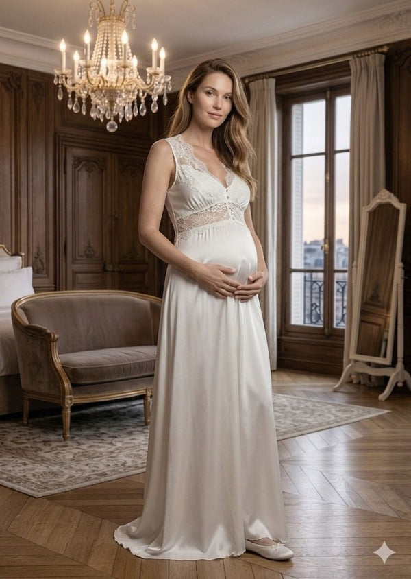 Conjunto Gestante Longo Cetim e Mangas em Renda Off White