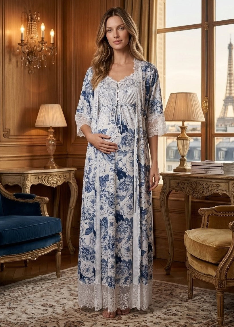 Conjunto Longo com Camisola de Amamentação  Estampado Orquídea Azul