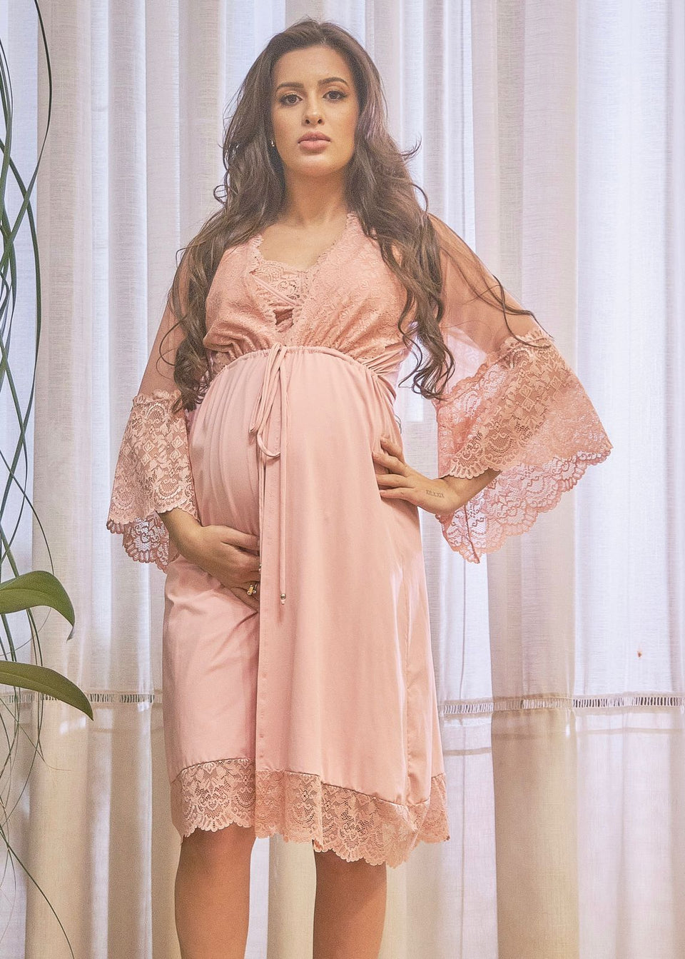 Conjunto Gestante Curto com Camisola de Amamentação e Robe Liso Blush Alegria