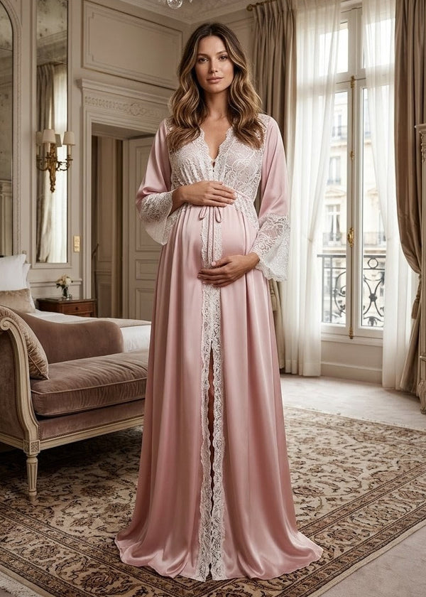 Conjunto Gestante Longo Cetim Rosa com Renda Branca