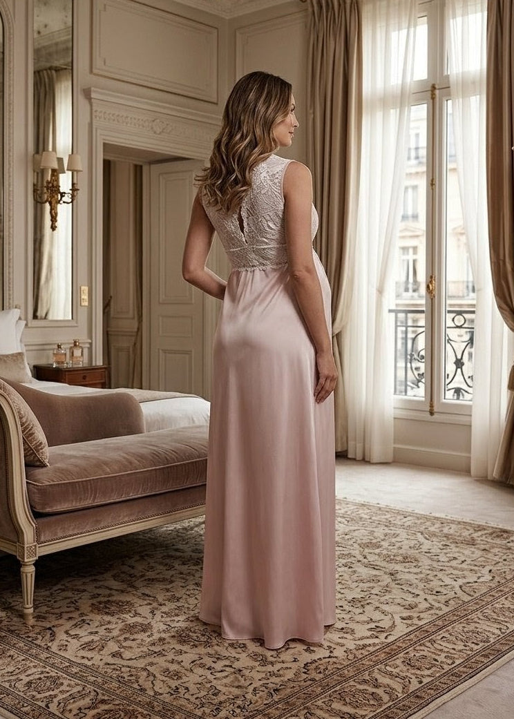 Conjunto Gestante Longo Cetim Rosa com Renda Branca