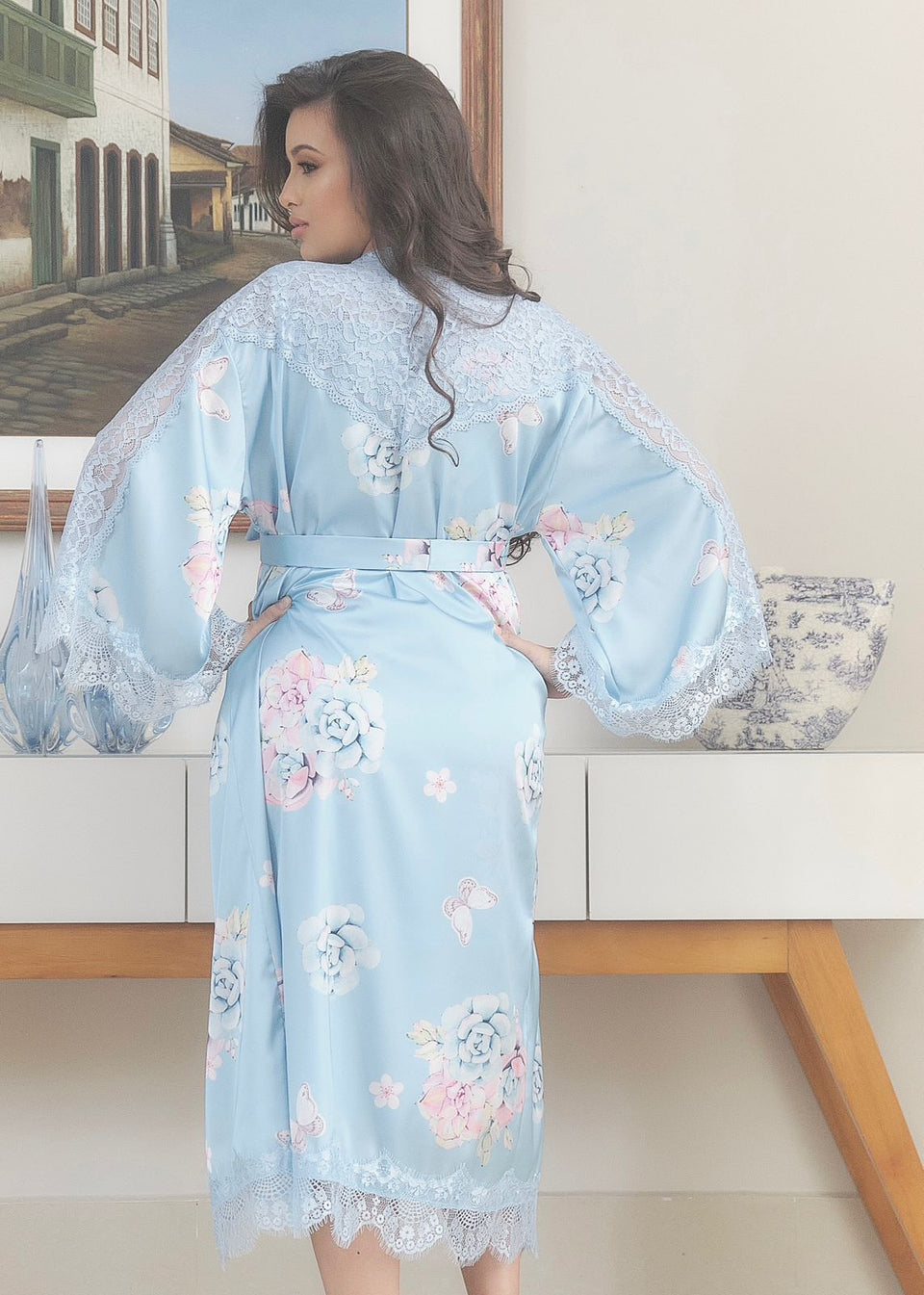 Conjunto Curto com  Camisola e Robe Estampado Azul Bebê