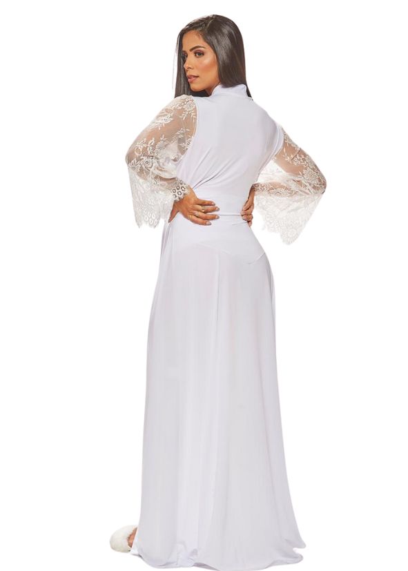 Robe Longo com Mangas em Renda Branco