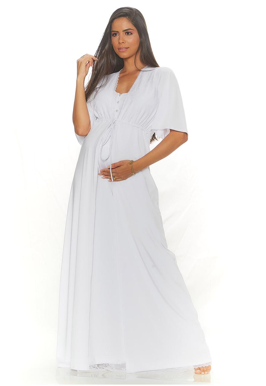 Conjunto Gestante Longo Camisola Lala e Robe Liso Branco