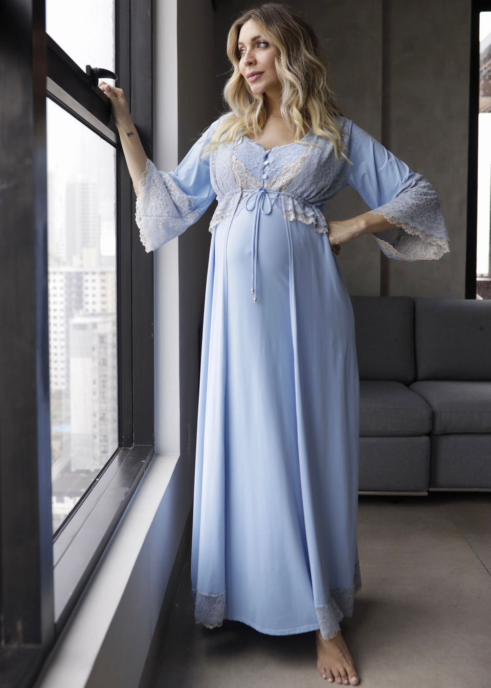 Robe Gestante Longo Lala Algodão Doce Azul