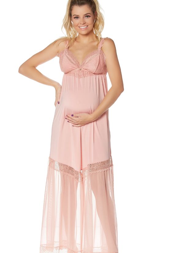 Conjunto Gestante Longo Camisola de Amamentação  e Robe em Tule Blush Alegria