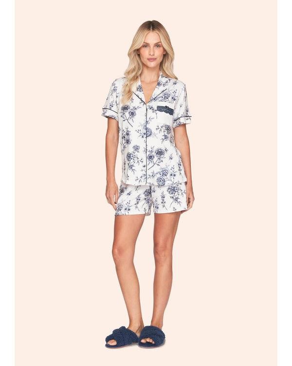 Pijama Feminino Curto Americano Floral Azul