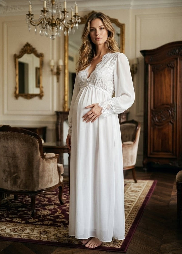 Conjunto Gestante Longo com Robe Musseline Branco
