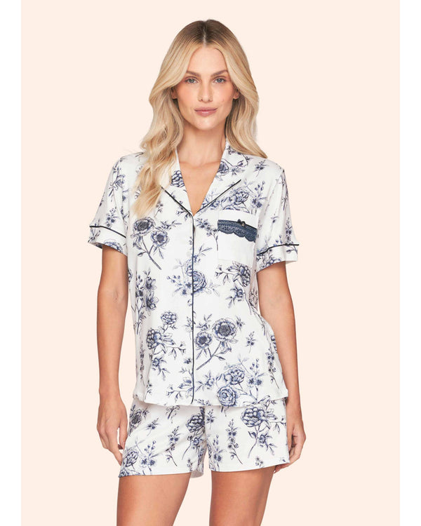 Pijama Feminino Curto Americano Floral Azul