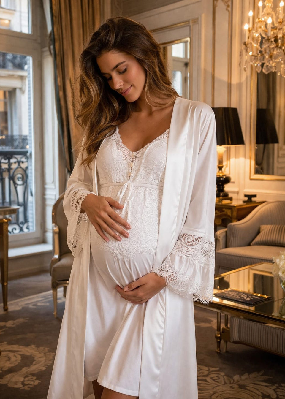 Conjunto Gestante Curto Cetim com Detalhes em Renda