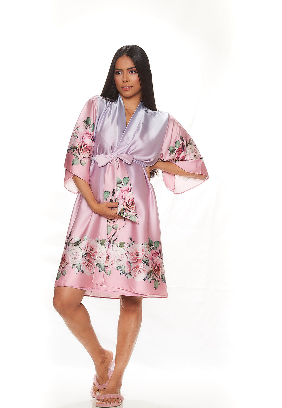 Conjunto Gestante Curto Camisola e Robe Degradê Rosa Flores