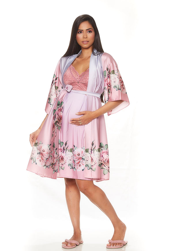 Conjunto Gestante Curto Camisola e Robe Degradê Flores Rosa