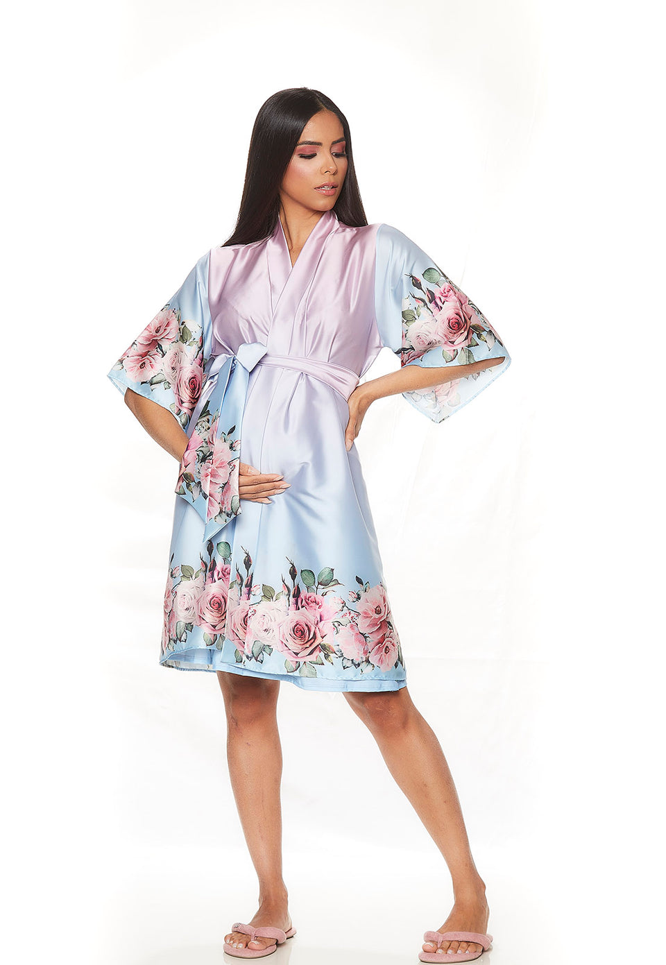 Conjunto Gestante Curto Camisola e Robe Degradê Flores