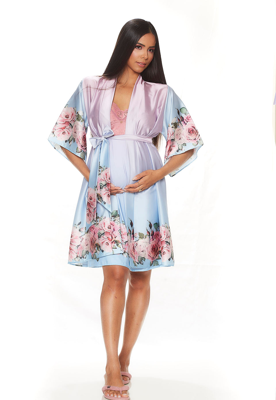 Conjunto Gestante Curto Camisola e Robe Degradê Azul Flores