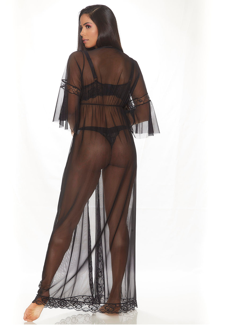 Conjunto Gestante com Camisola de Amamentação e Robe em Tule Preto