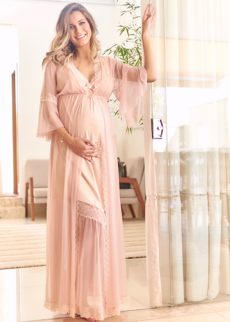 Conjunto Gestante Longo Camisola de Amamentação  e Robe em Tule Blush Alegria