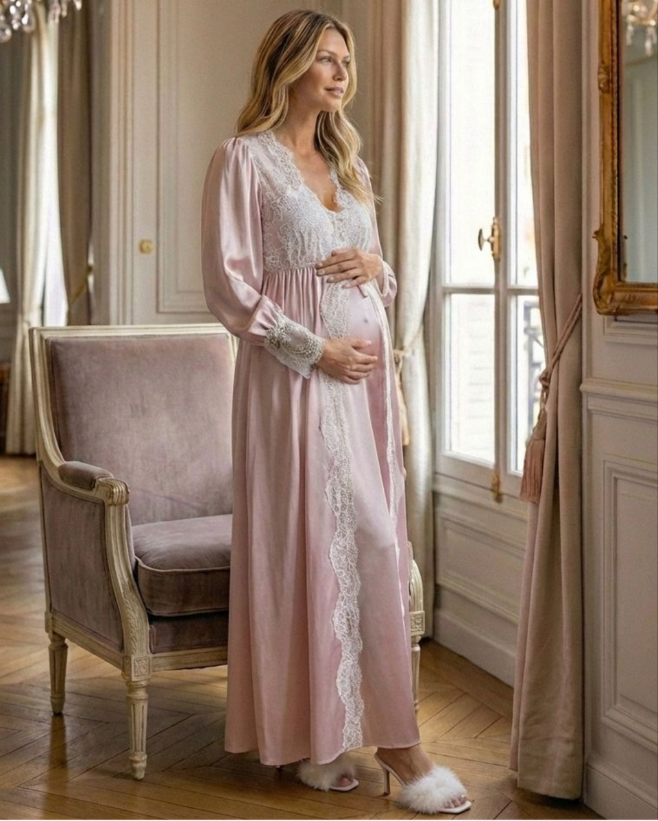 Conjunto Gestante Longo Cetim Rosê com Renda Branca