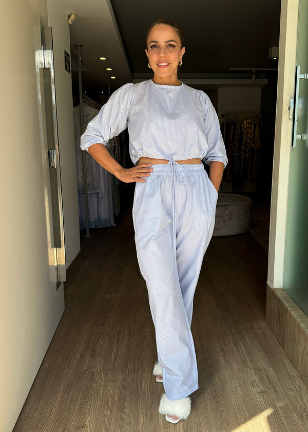 Pijama com Calça Risca de Giz Azul