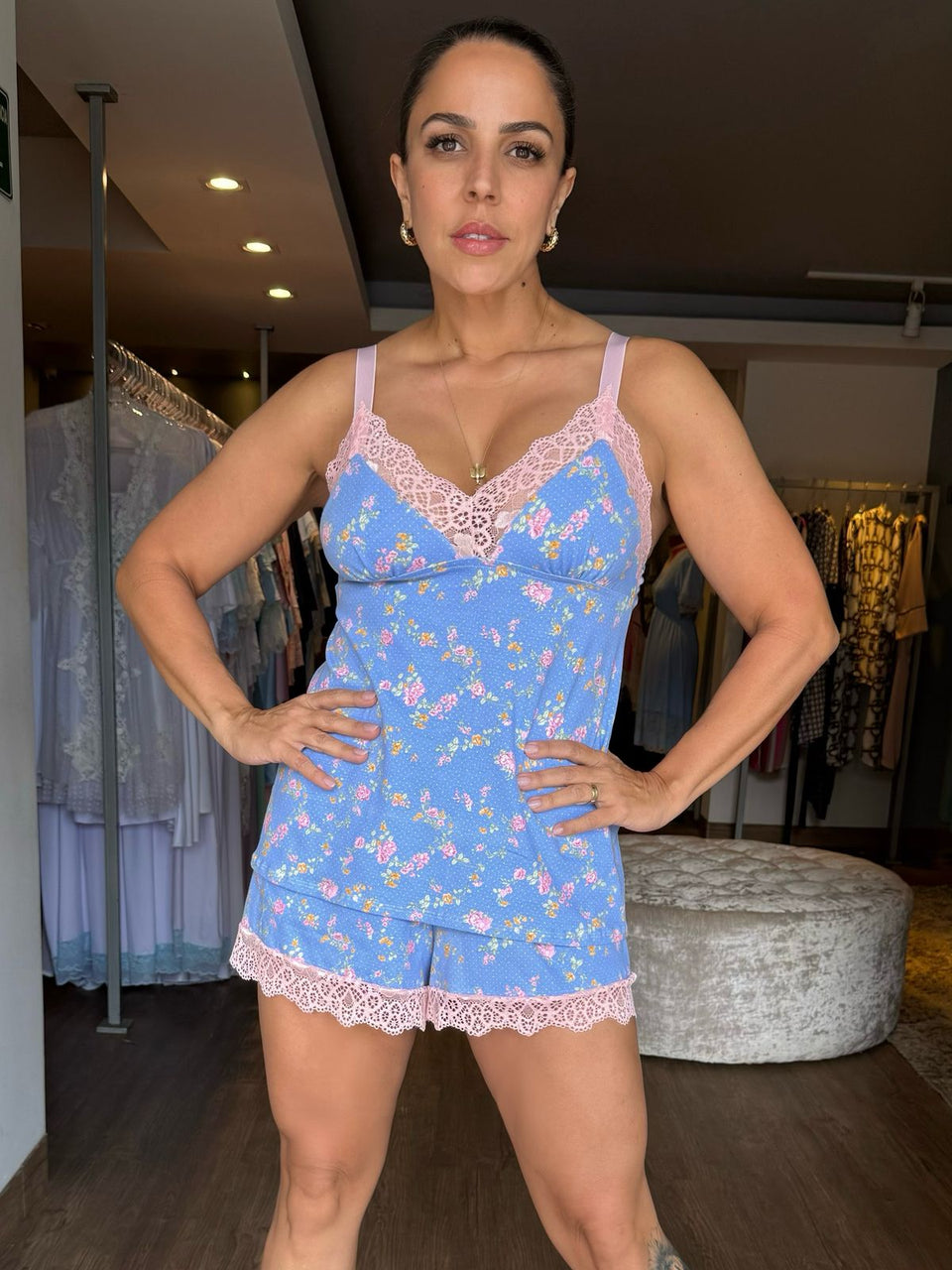 Pijama Short Doll Fofura Florzinhas Azul