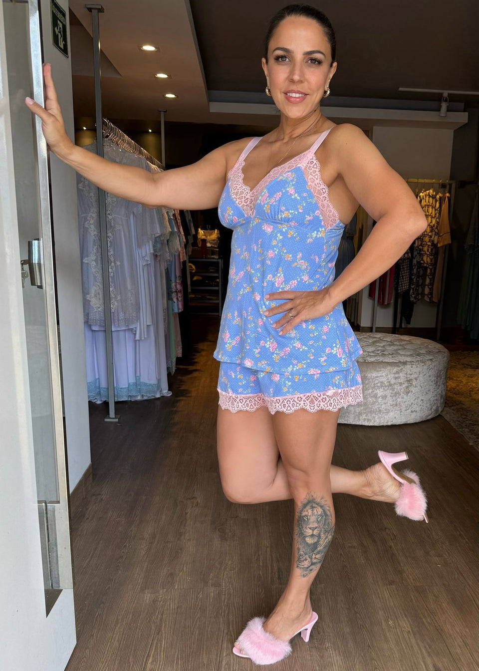 Pijama Short Doll Fofura Florzinhas Azul