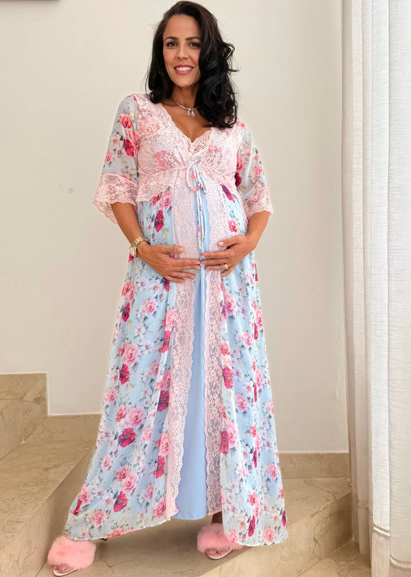 Conjunto Amamentação Longo com Camisola Lisa e Robe Floral Azul