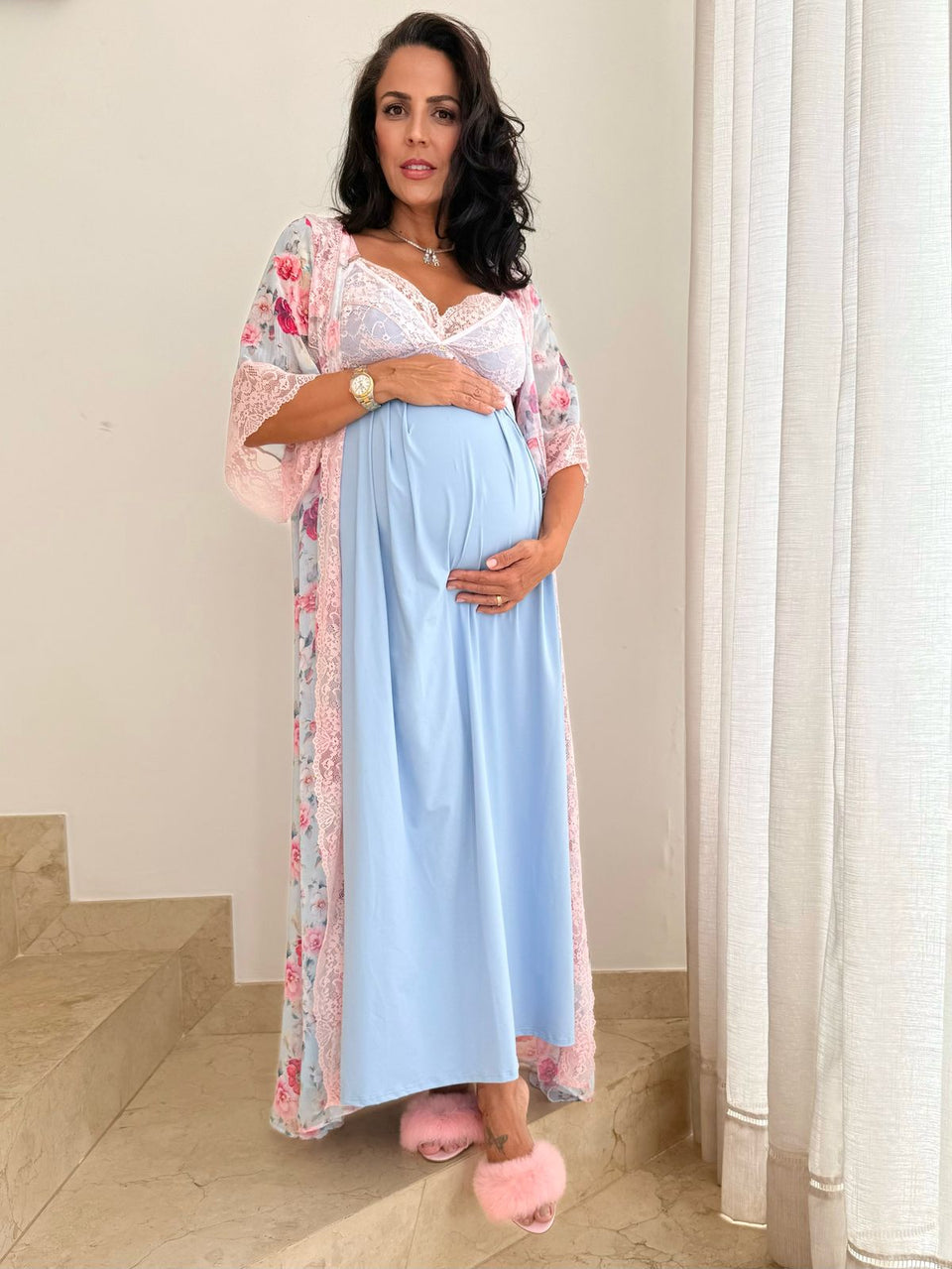 Conjunto Amamentação Longo com Camisola Lisa e Robe Floral Azul