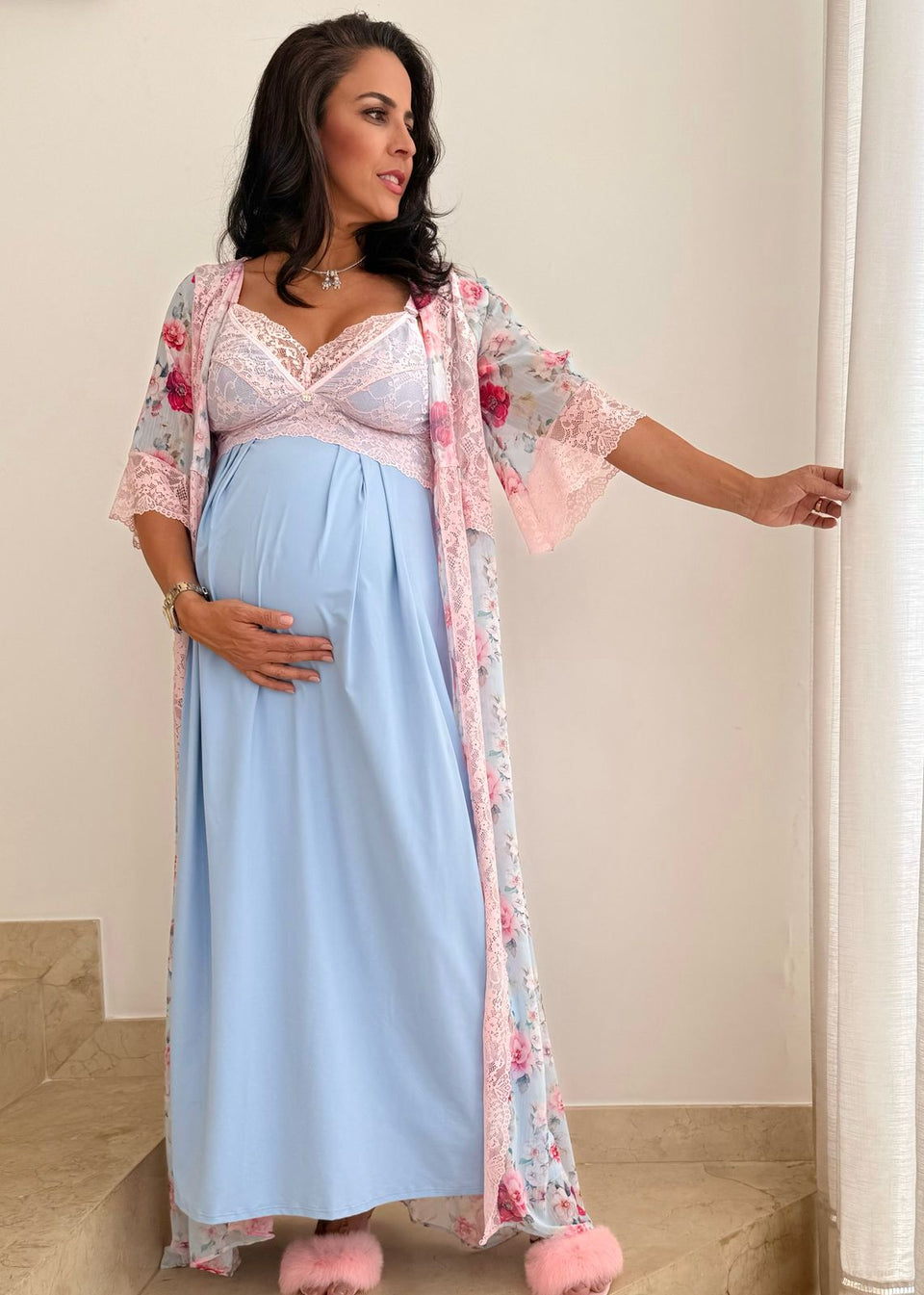 Conjunto Amamentação Longo com Camisola Lisa e Robe Floral Azul