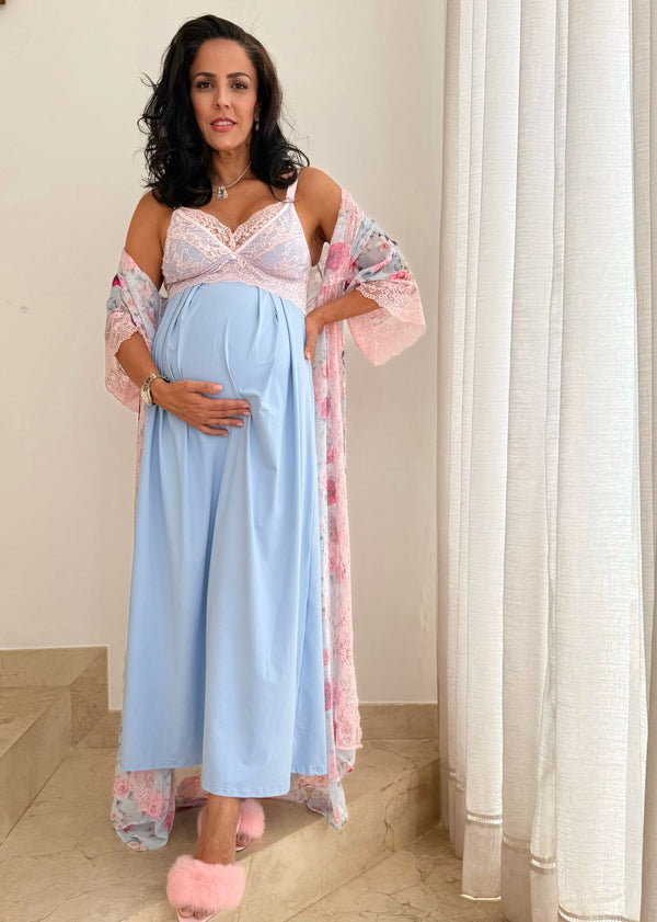 Conjunto Amamentação Longo com Camisola Lisa e Robe Floral Azul