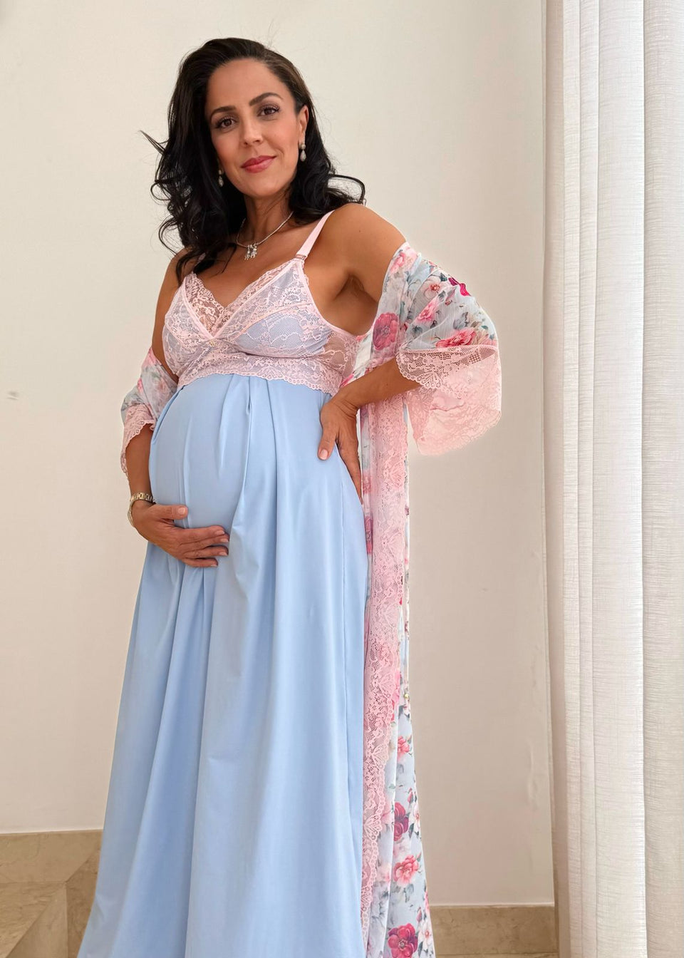 Conjunto Amamentação Longo com Camisola Lisa e Robe Floral Azul