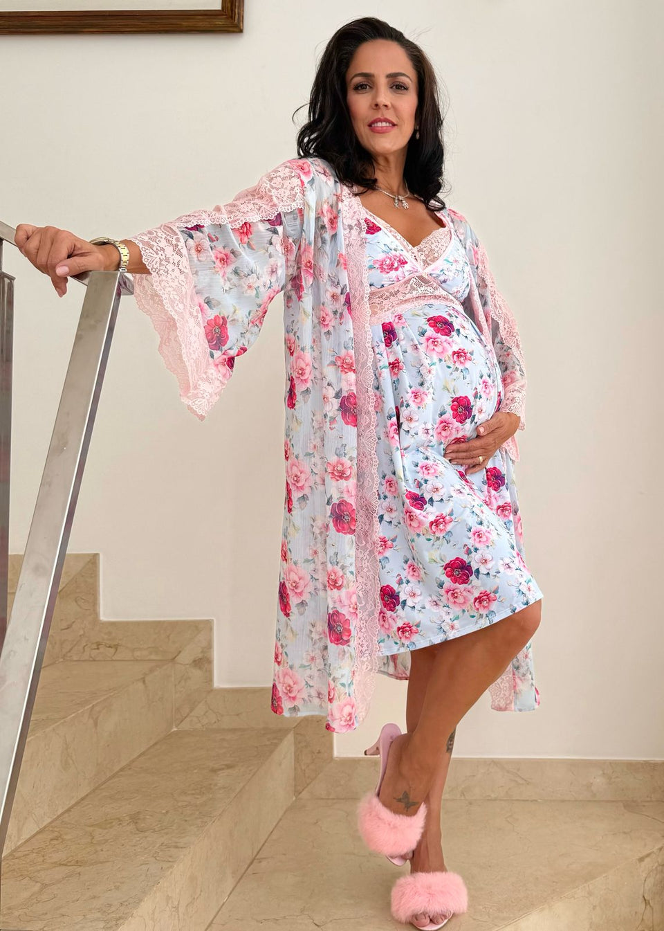 Conjunto Curto com Camisola de Amamentação e Robe Floral Azul