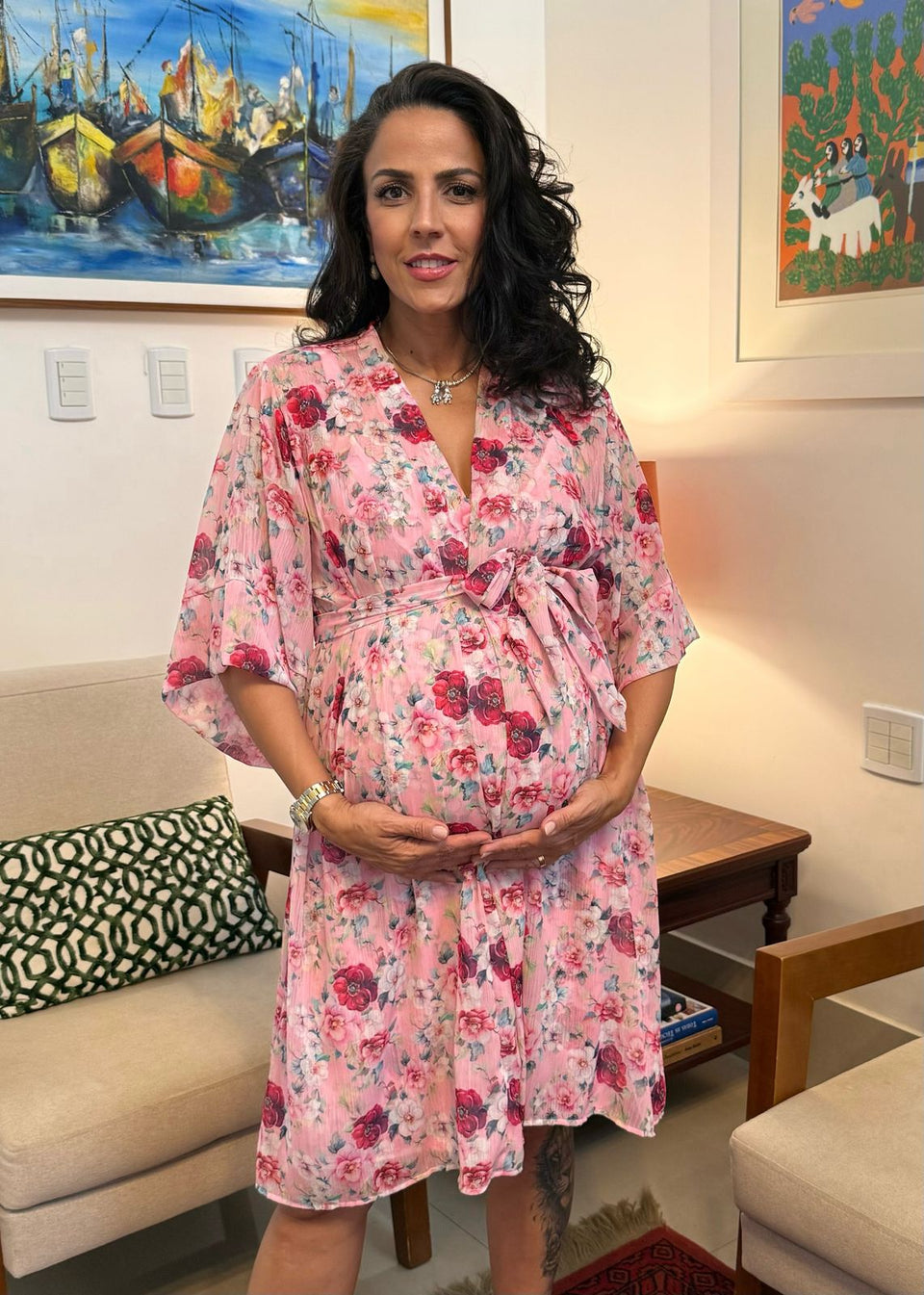 Conjunto Curto com Camisola de Amamentação e Robe Floral Rosa