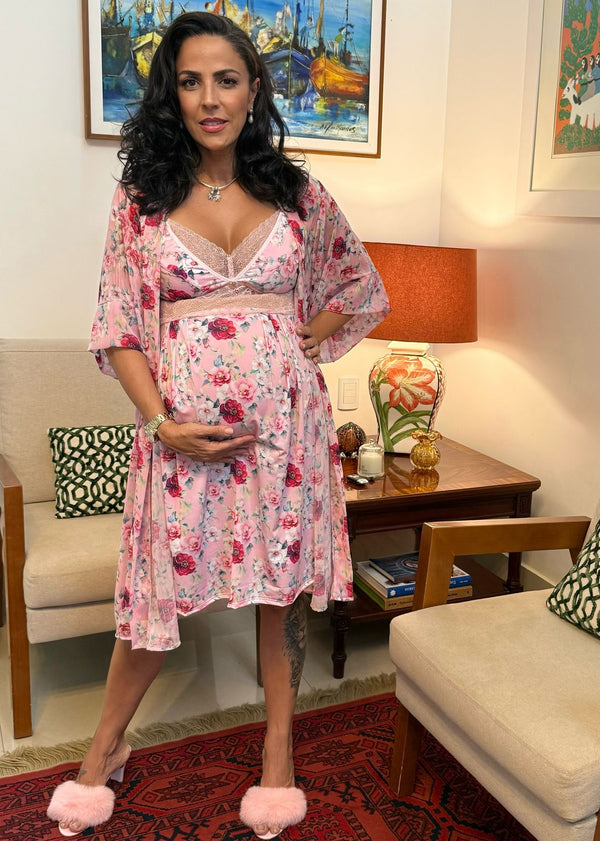 Conjunto Curto com Camisola de Amamentação e Robe Floral Rosa