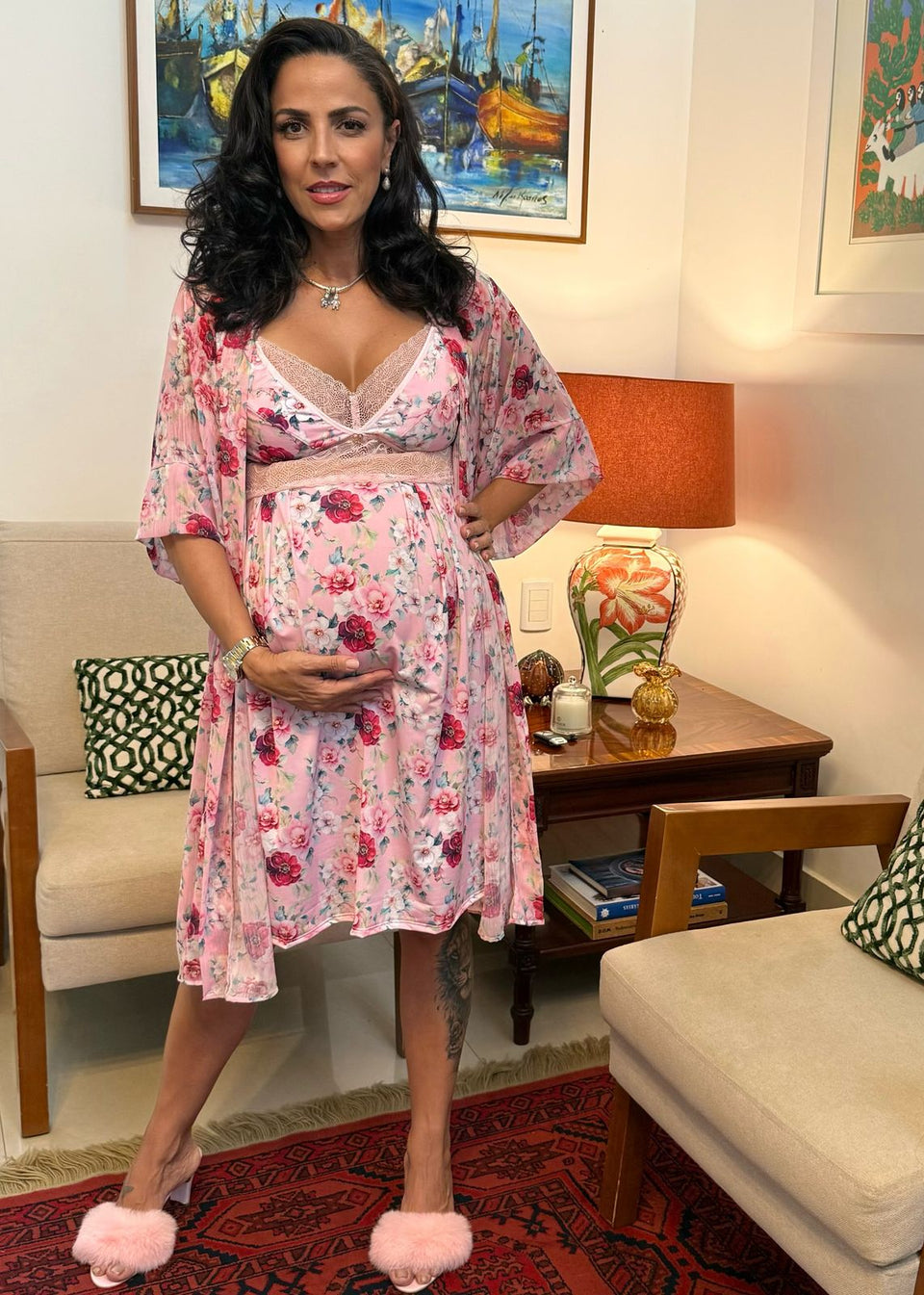 Conjunto Curto com Camisola de Amamentação e Robe Floral Rosa