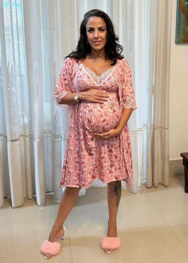 Conjunto Curto com Camisola de Amamentação e Robe Florzinhas Rosa
