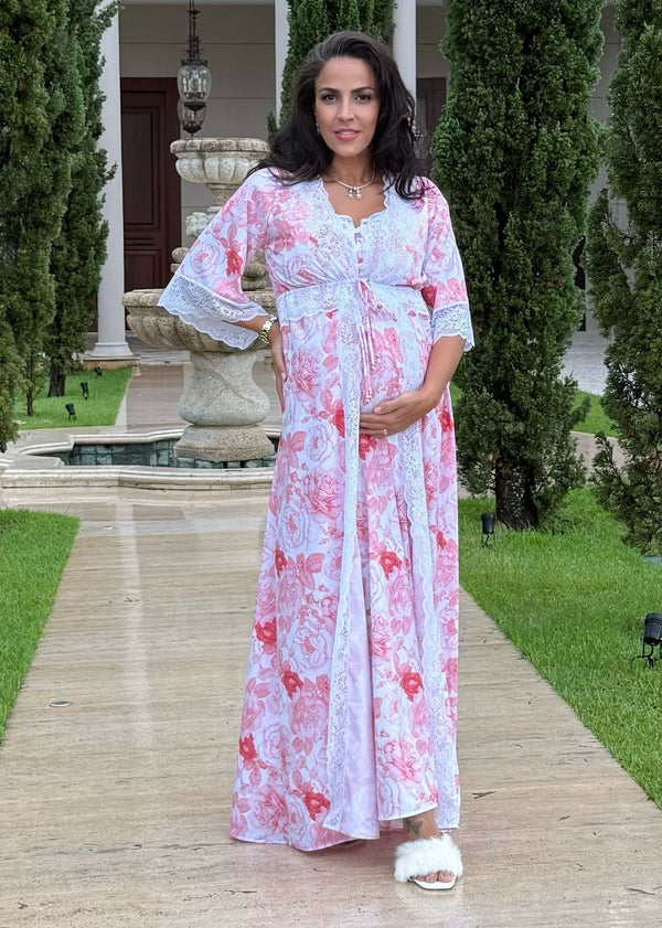Conjunto Longo com Camisola de Amamentação e Robe Estampado Rosa