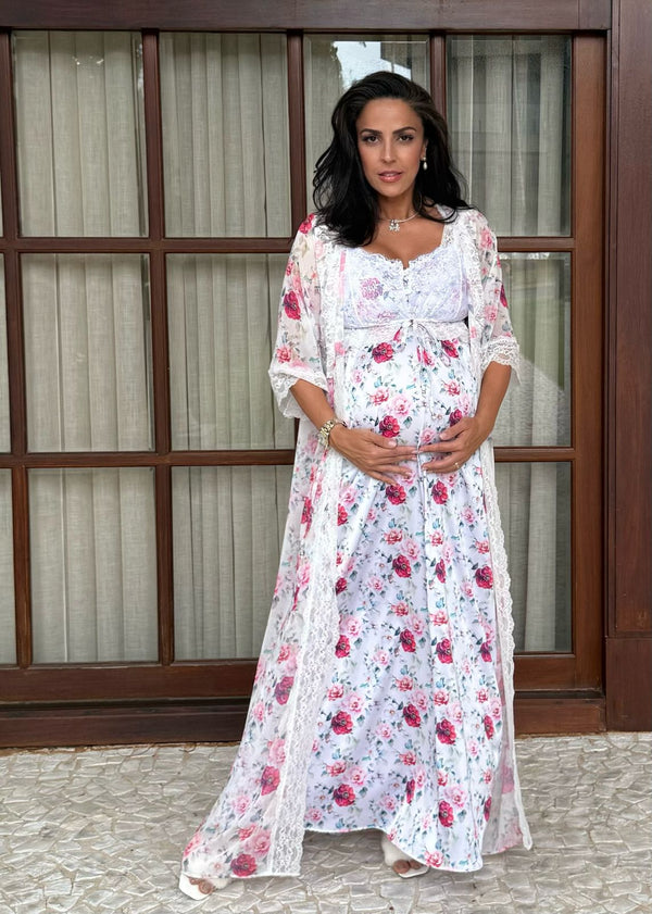Conjunto Longo com Camisola de Amamentação e Robe Flora Branco