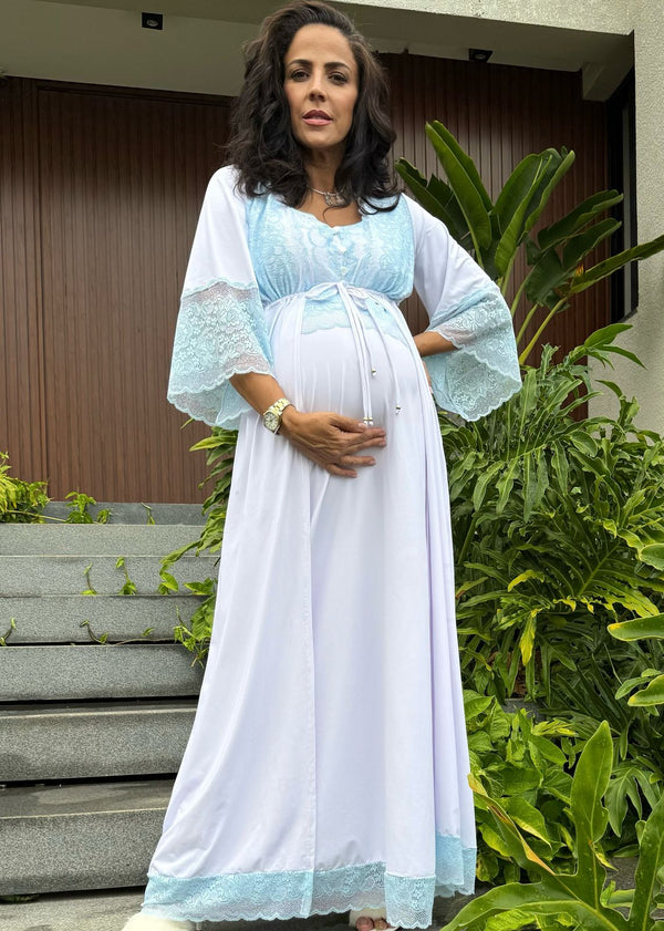 Conjunto Gestante Longo Camisola e Robe Branco com Azul
