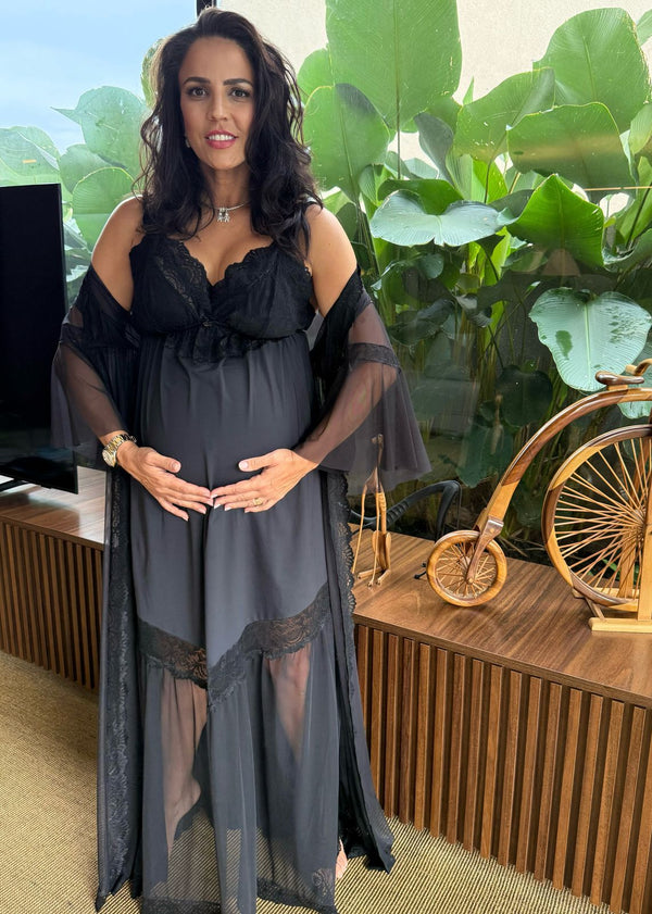 Conjunto Gestante com Camisola de Amamentação e Robe em Tule Preto