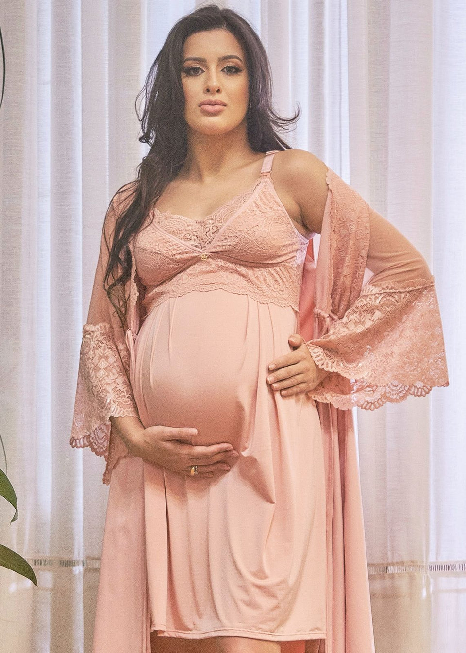 Conjunto Gestante Curto com Camisola de Amamentação e Robe Liso Blush Alegria