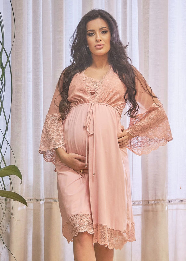 Conjunto Gestante Curto com Camisola de Amamentação e Robe Liso Blush Alegria