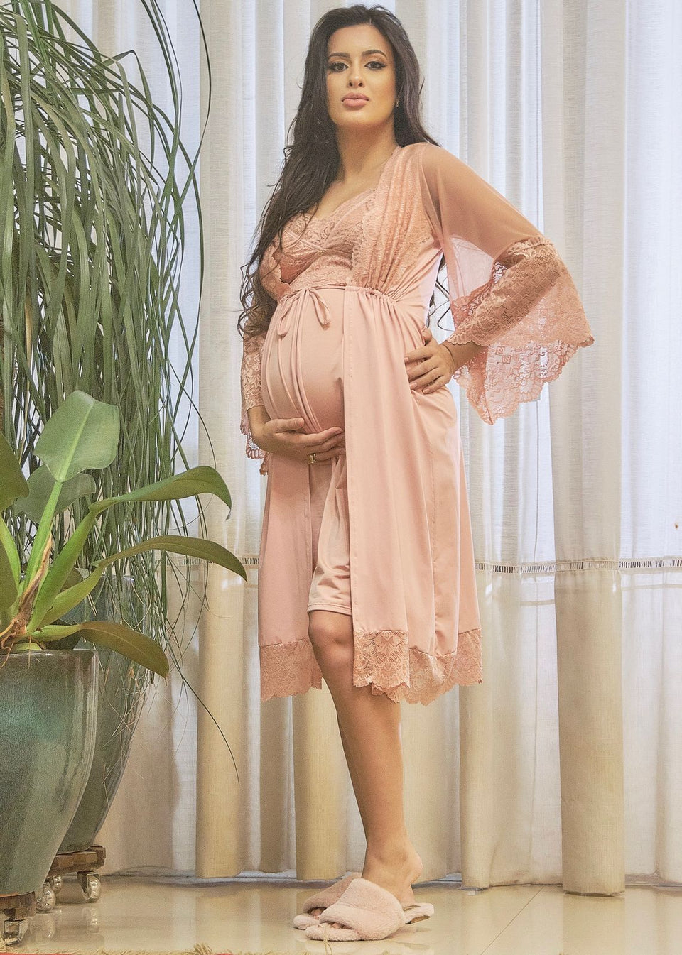 Conjunto Gestante Curto com Camisola de Amamentação e Robe Liso Blush Alegria